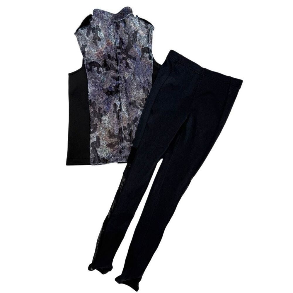Weissman Silver Purple Sleeveless Dance Top and Matching Black Leggings Set / St